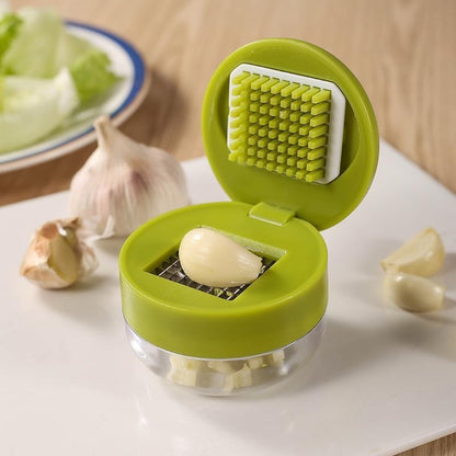 Mini Garlic Chopper and Press with Container,  Manual Garlic Mincer Crusher Cutter Grinder, Stainless Steel Blades, Handheld Garlic Slicer Dicer Zoom Tool – Green1