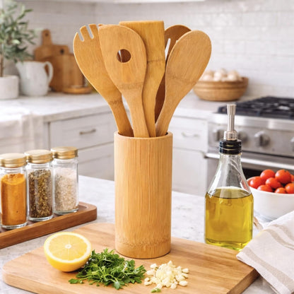 6Pc Bamboo Wooden Cooking Utensil Set with Holder Nonstick Safe Kitchen Tools, Dishwasher Safe2