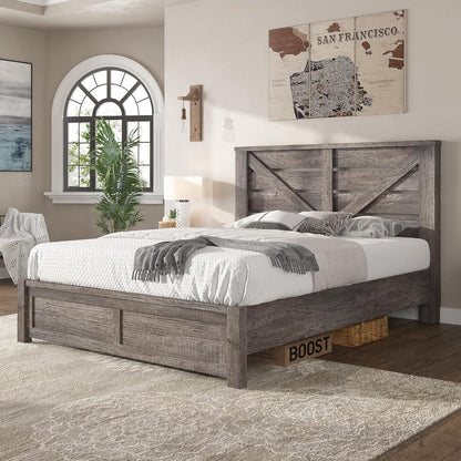 Farmhouse Queen Size Bed Frame with 49.2"Barn Door Headboard, Gray3