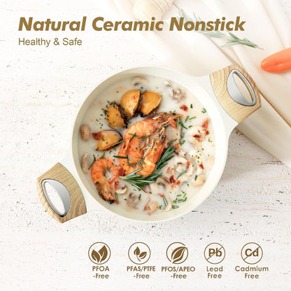 Ceramic Nonstick Stock Pot with Lid, 2.6/4.5/6.6/8.5/11 QT Soup Pot Casserole Pot, Non-Toxic Healthy Pasta Pot, Large Cooking Pot Stew Pot, Induction Compatible, PFOA PFAS PTFE Free, White2