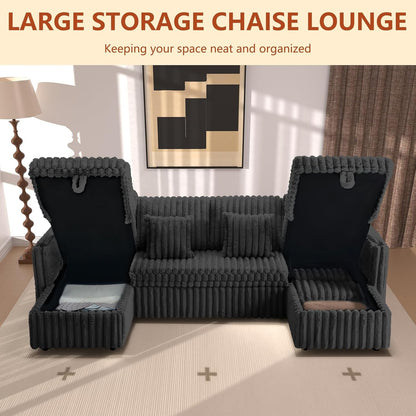 107'' Sectional Sleeper Sofa with Pull Out Bed, Storage Chaise, Adjustable Backrest, USB Charger, Cup Holder & Side Pocket, Fluffy Soft Corduroy U Shaped Couch for Living Room, Black4