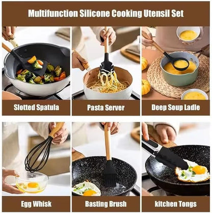 12 Piece Silicone Kitchen Cooking Spoon Set Wooden Handle & Holder - Small8