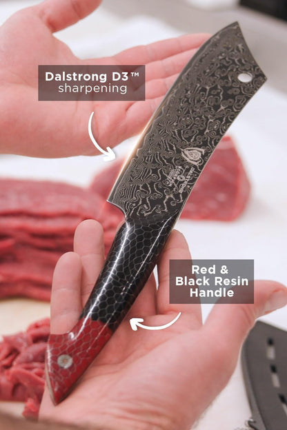 8" Crixus Chef & Cleaver Hybrid — V12 Ultra™ Japanese Steel — Hardest Build — for Bone-In Cuts & Chef Work — Black & Red Damascus, Honeycomb Handle, Scorpion, Customer Support3