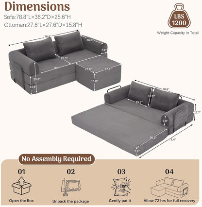 78.8″ Compressible Foldable Loveseat Sleeper Sofa Bed with Ottoman, 30D Powder-Free Foam Corduroy Couch, Space-Saving Convertible Sofa for Small Apartment, Living Room, Bedroom, Easy Setup2