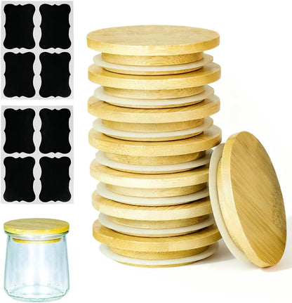 8 Pack Oui Yogurt Jar Lids with 8 Labels, Food-Grade Bamboo Lids for 5Oz Oui Yogurt Jars, Reusable Wooden Canning Covers Perfect for Oui Yogurt Bottle with Airtight Seal Ring(Jar Not Included)1