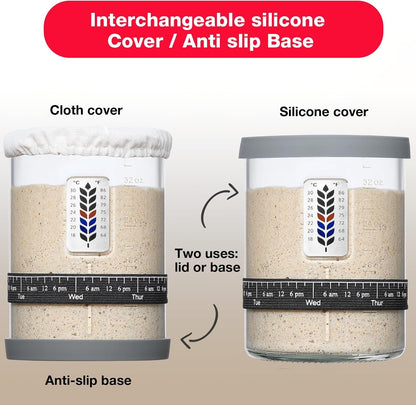 2 Pack Premium Pro Sourdough Starter Jar Kit - 40Oz Large Wide Mouth Sourdough Bread Jar with Marked Feeding Band, Thermometer, Scraper, Cloth Cover & Silicone Lid/Base, Glass Container, Baking Supply4