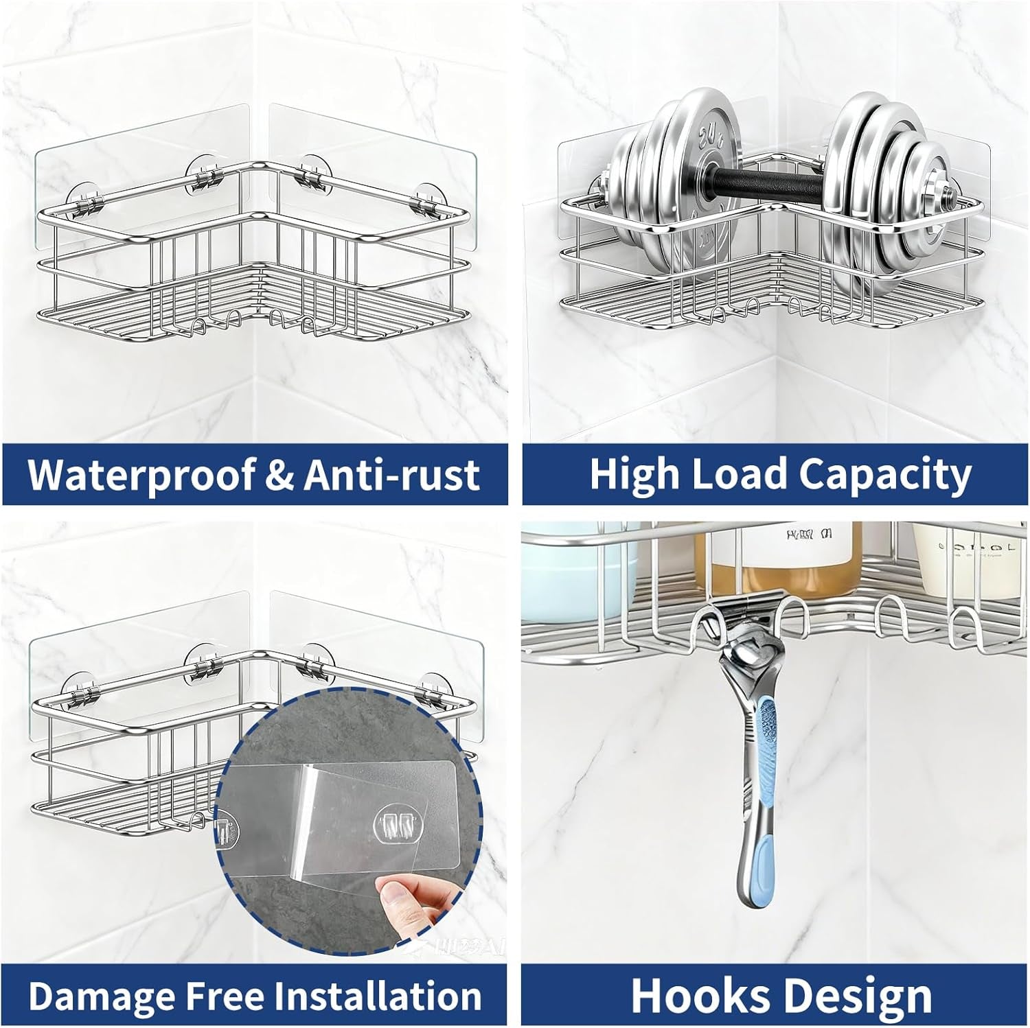 2-pack-corner-shower-caddy-adhesive-bathroom-shelf-with-8-hooks-rustproof-stainless-steel-bathroom-organizer-no-drilling-shower-shelves-basket-wall-storage-rack-shampoo-holder-silver