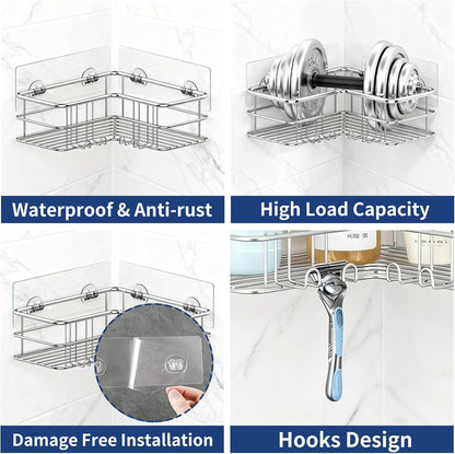 2 Pack Corner Shower Caddy, Adhesive Bathroom Shelf with 8 Hooks, Rustproof Stainless Steel Bathroom Organizer, No Drilling Shower Shelves Basket Wall Storage Rack Shampoo Holder (Silver)6