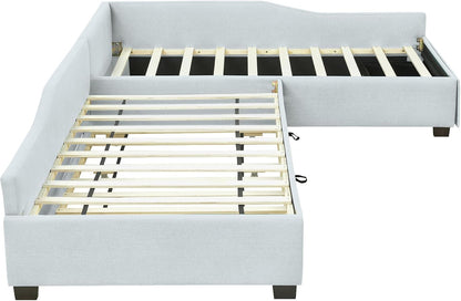 L Shaped Twin Corner Bed for 2 Kids, Upholstered Double Twin Platform Bedframe with Trundle and Drawer, Bluish9