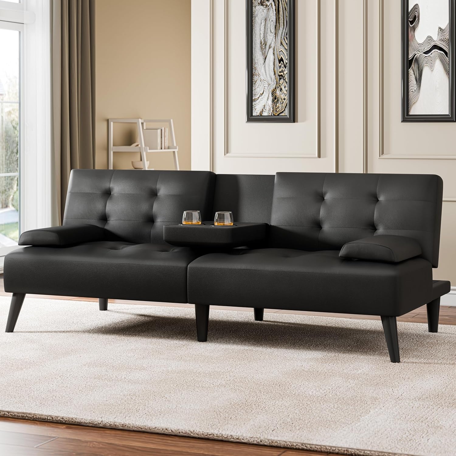 64-futon-sofa-bed-small-loveseat-with-2-cup-holders-pu-leather-black