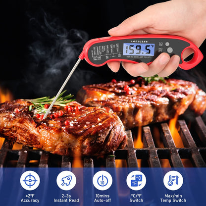 Digital Meat Thermometer, Instant Read, Foldable Probe, Red | IP66 Waterproof Design, Backlit Display, Calibration Function, for Meat, Baking and Grilling2