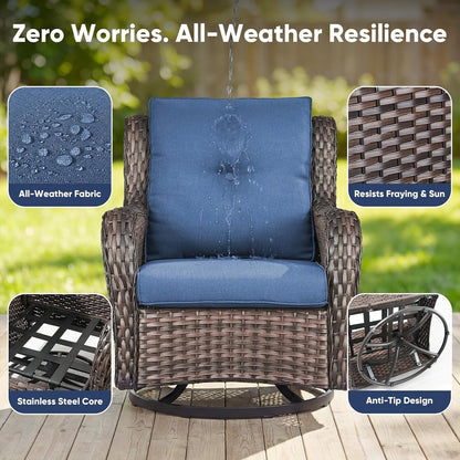 Patio Wicker Chairs Swivel Rocker,Outdoor Patio Furniture Set with Rattan Side Table, All Weather Conversation Set for Porch Poolside Balcony, Brown Wicker/Blue6