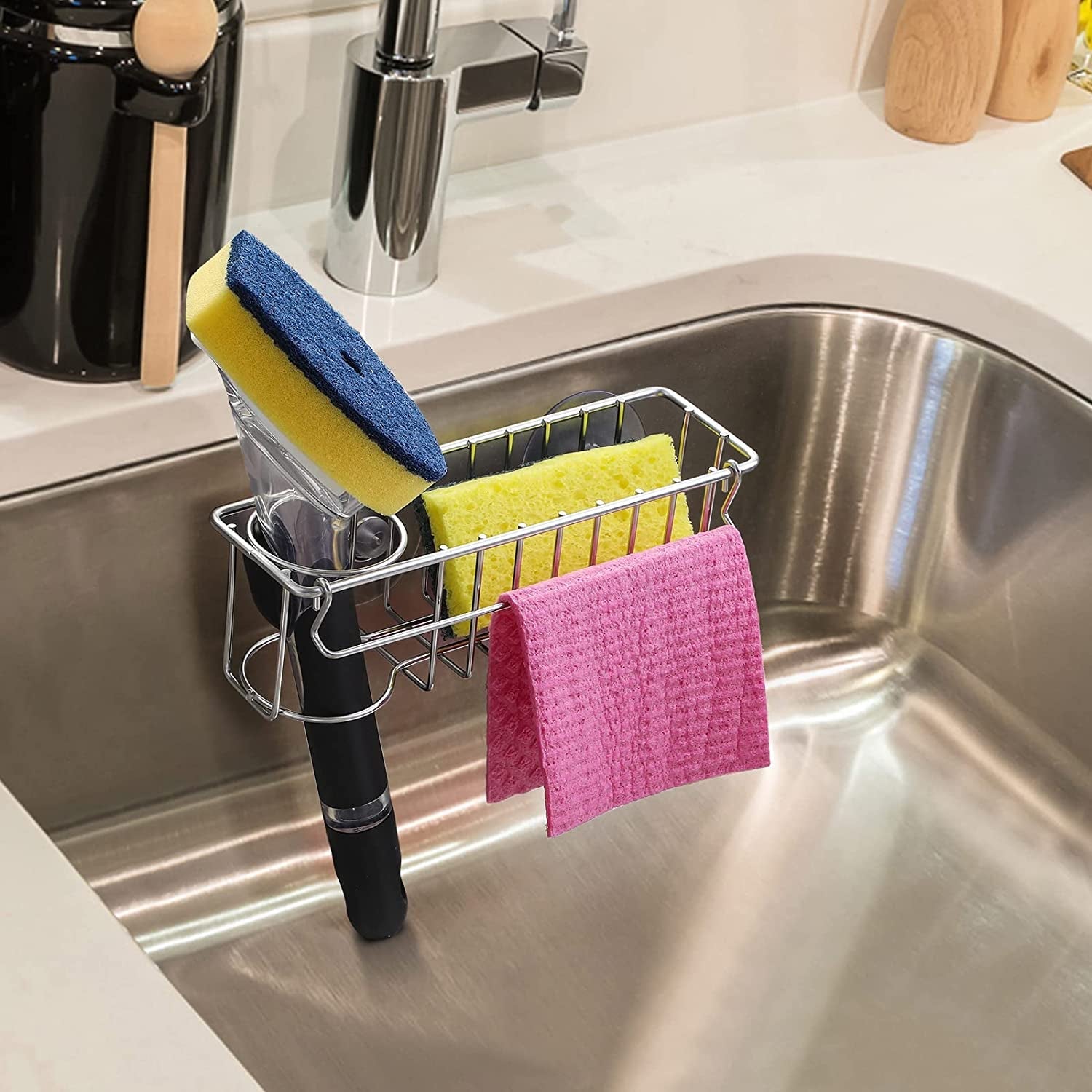 3-in-1-sponge-holder-for-kitchen-sink-with-suction-cups-adhesive-hook-in-sink-sponge-holder-wall-hanging-sink-caddy-organizer-rack-sponge-dish-cloth-brush-scrubber-304-stainless-steel