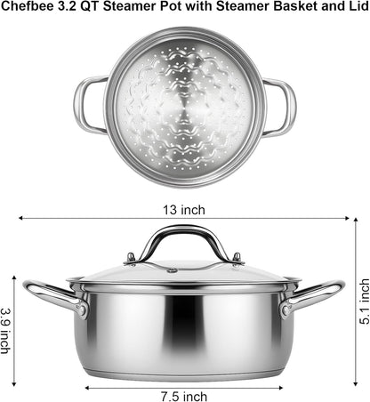 3.2QT Stainless Steel Steamer for Cooking with Food Steamer Basket | Healthy Steaming Pot, Multi-Use Kitchen Cookware, for Vegetables Dumplings Soup and Food Preparation, Daily Kitchen Cooking3