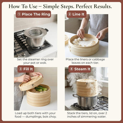 Bamboo Steamer Basket 10 Inch, Extra Deep Dumpling Steamer Set | Incl. Silicone Liners & Steel Ring, Steam Basket for Pot & Wok. Vegetable & Food Steamer for Dim Sum, Bao Buns6