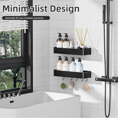 Shower Caddy Adhesive, No Drill Rustproof Bathroom Shelf, 2 Pack Large Capacity Aluminum Shower Shelves, Shower Organizer Rack with 5 Removable Hooks,Black/30Cm2