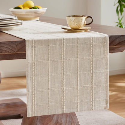 Linen Checked Farmhouse Table Runner, 13X72 Inches Neutral Beige | Raised Grid Design, Rich Woven Texture, Linen Blend Table Runners 72 Inches Long, Machine Washable, Boho Home Kitchen Decor4