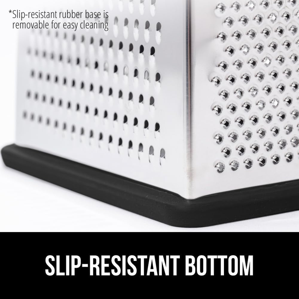 gorilla-grip®-xl-4-sided-stainless-steel-cheese-grater-with-measurement-container-bpa-free-box-grater-slip-resistant-base-grate-hard-parmesan-shred-veggies-zest-citrus-dishwasher-safe-black