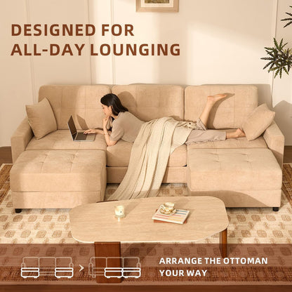 112" U Shaped Modular Cloud Sectional Couch, Waffle Fabric, Oatmeal Beige6