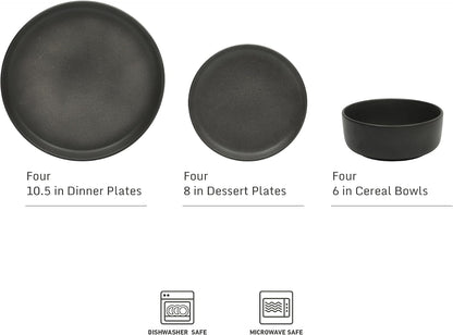 Pasco 12 Piece (Service for 4) Plates and Bowls Reactive Glaze Dishes Stoneware Ceramic Dinnerware Set - Black2