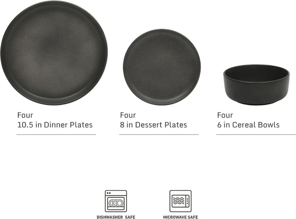 Pasco 12 Piece (Service for 4) Plates and Bowls Reactive Glaze Dishes Stoneware Ceramic Dinnerware Set - Black2