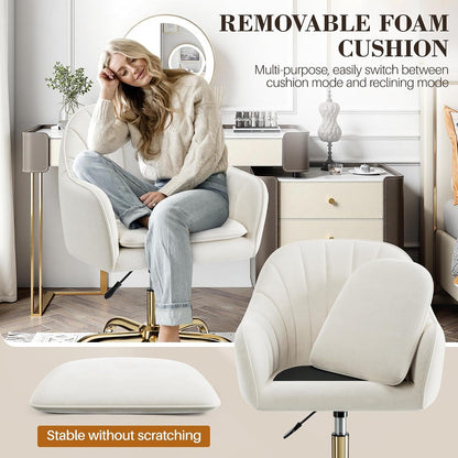 Vanity Chair with Wheels, Comfy Home Office Desk Chairs Adjustable Modern Velvet Makeup Vanity Chairs for Bedroom Living Room-Beige8
