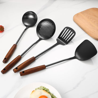 304 Stainless Steel Kitchen Utensils Set, 4 Pcs Long Cooking Utensils Set with Wooden Handle, Large Heat Resistant Kitchen Tools(Black, Dishwasher Safe)7