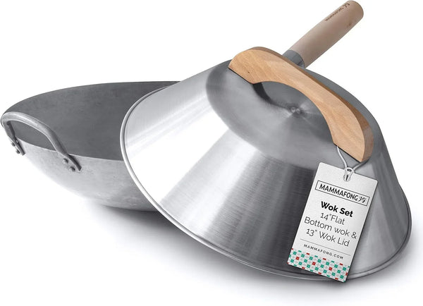 Flat Bottom Wok with Lid, Hand Hammered Carbon Steel Wok Set, 14"1