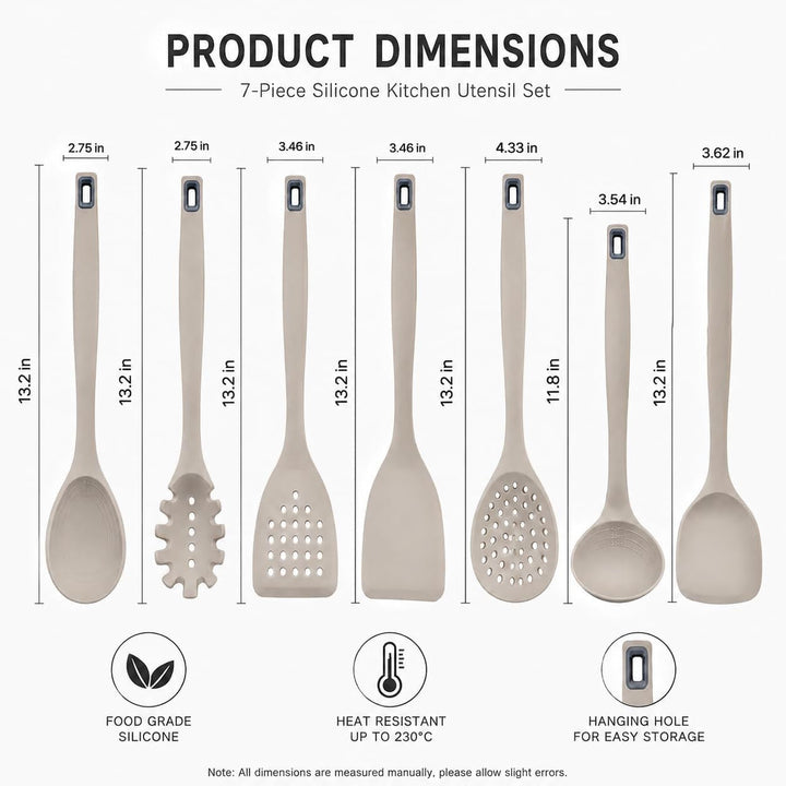7-Piece Khaki Silicone Cooking Utensils Set - Food Grade Bpa-Free, 446°F Heat Resistant, One-Piece Silicone Ladle, Spatula and Slotted Spoon, Hand Wash Only+2