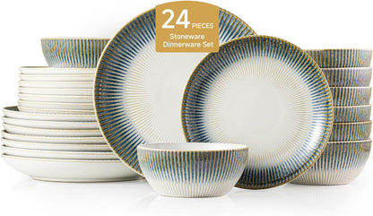 24-Piece Stoneware Dinnerware Set, Blue Reactive Glaze for 81