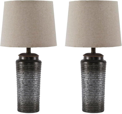 Signature Design by Ashley Norbert Living Room Table Lamp Set of 2, Gray | Galvanized Metal with Ribbed Ombre Finish, Medium Fabric Hardback Shade, Supports up to 150 Watts, Living Room Placement1