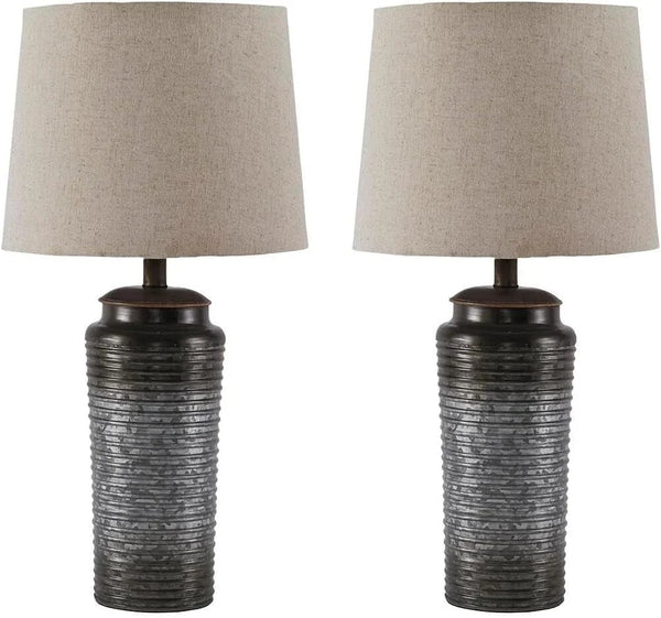 Signature Design by Ashley Norbert Living Room Table Lamp Set of 2, Gray | Galvanized Metal with Ribbed Ombre Finish, Medium Fabric Hardback Shade, Supports up to 150 Watts, Living Room Placement1