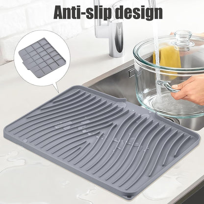 Silicone Dish Drying Mat for Kitchen Counter, Grey-1Pcs, 16" X 12" | Heat Resistant & Non-Slip Dish Drain Pad with Built-In Drain, Dishwasher Safe, Quick-Dry, Hangable & Roll-Up for Storage3
