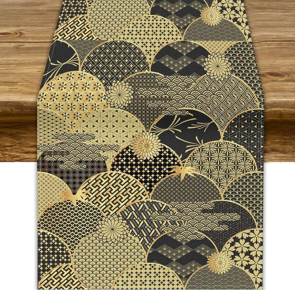 Japanese Table Runner,Gold Vintage Traditional Oriental Geometric Line Chinese Style Table Runner for Home Party Kitchen Dining Table Wedding Decor 13X90In1