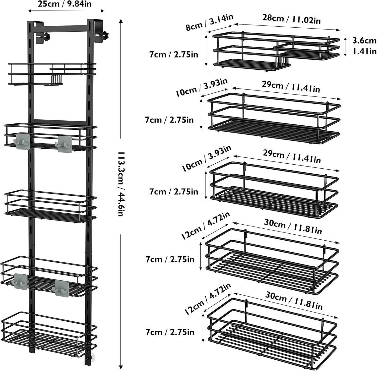 over-the-door-shower-caddy-adjustable-5-tier-black-bathroom-hanging-organizer-shelf-rustproof-with-4-hooks-shower-basket-with-soap-holder-and-suction-cup