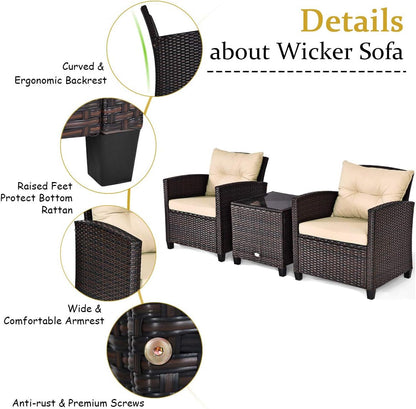 3 Pieces Patio Furniture Set, PE Rattan Wicker 3 Pcs Outdoor Sofa Set W/Washable Cushion and Tempered Glass Tabletop, Conversation Furniture for Garden Poolside Balcony (Beige)5