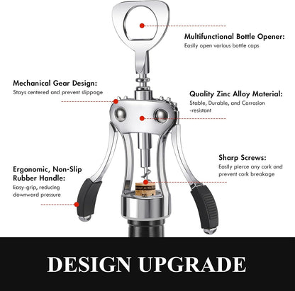 Wine Opener, Heavy-Duty Zinc Alloy Wing Corkscrew, Premium Beer Bottle Opener, Multifunctional Wine Accessories with Ergonomic Handle and Sharp Screw, for Kitchen, Bar, Restaurant (SILVER)6