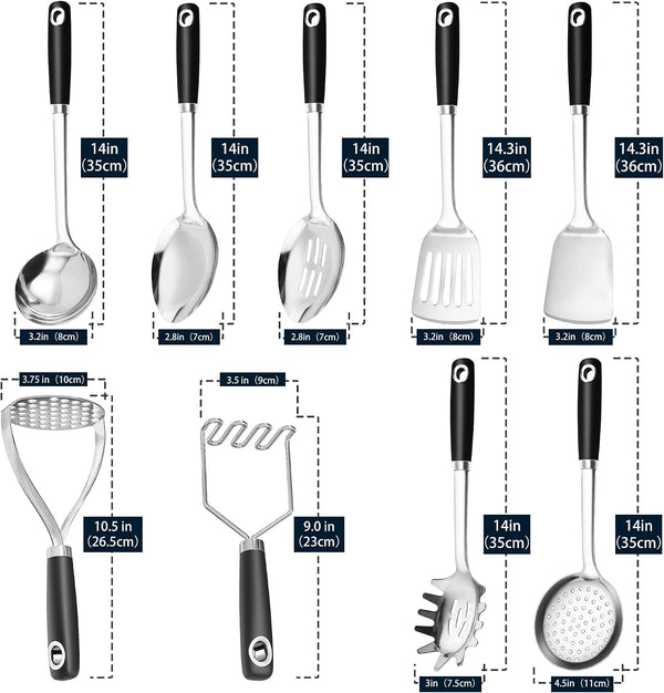 18/0 Stainless Steel Cooking Utensils Set, Heavy Duty Kitchen Utensils for Daily Use Party Wedding Housewarming, Dishwasher Safe, 9 Pieces6