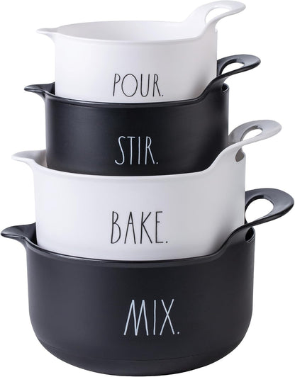 Non-Slip Mixing Bowls - 4 Piece Nesting Plastic Mixing Bowl Set with Pour Spouts and Handles-Measurement Markings (Black)1