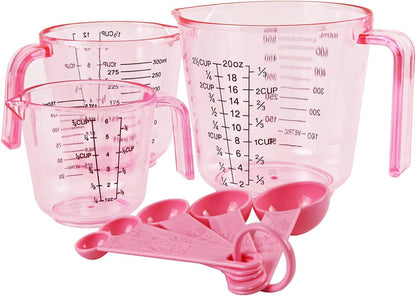 Pink Plastic Measuring Cup Measuring Spoon Set: 3 Stackable Liquid Measuring Cups 150/300/600Ml and 5 Spoons 1.25-15Ml, Used to Create Pink Kitchen Themes, Baking, Cooking1