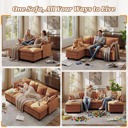 107" Modular Sectional Cloud Sofa, U Shaped 6 Seat Chenille Couch with Movable Ottomans and 48" Deep Seat, Convertible Couches for Living Room, Orange4