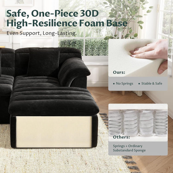 112" Modular Cloud Sectional Couch with Ottoman, Modern Upholstered Compressed Sofa with Deep Seat, Comfy L-Shape Corduroy Couches for Living Room, No Assembly Required, Black3