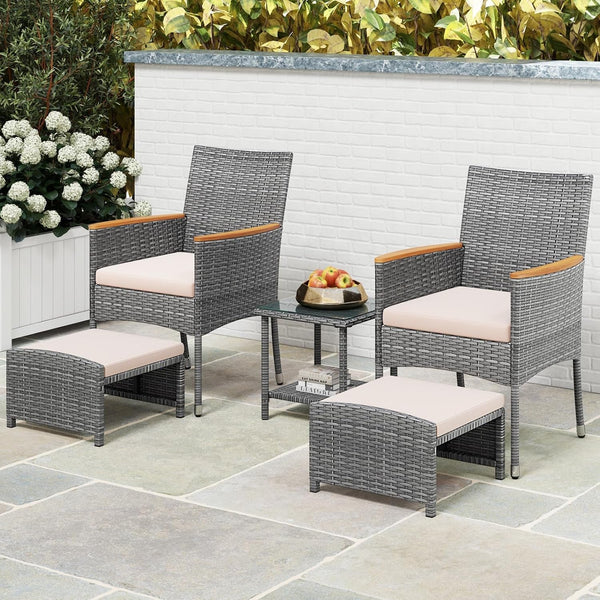 5 Pieces Patio Conversation Set, Outdoor PE Rattan Chairs with Soft Cushions, Ottomans & Tempered Glass Top Table, Acacia Wood Armrests, Patio Furniture Set (Mix Grey+Beige)2