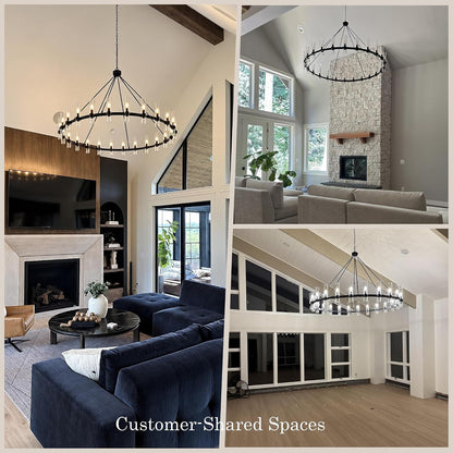 70" 24-Light Black Wagon Wheel Chandelier for High Ceilings Living Room4