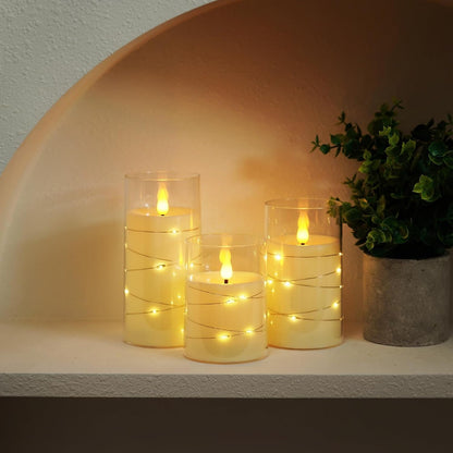 LED Flameless Candles, Battery Operated Candles with Embedded Fairy Lights, Acrylic Fake Candles with Remote and Timer for Wedding Home Decor, Ivory White, Set of 3, D3 X H4 5" 6"7