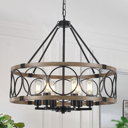 6-Light Farmhouse Chandelier for Dining Room, 21.65'' Black Rustic Industrial Drum Chandeliers Imitation Wood Grain Pendant Light Fixture for Kitchen Island Entryway Foyer Bedroom Hallway,E26 Metal1