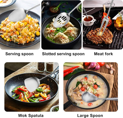 304 Stainless Steel Cooking Utensils Set, 9 PCS Metal Stainless Steel Kitchen Utensils Set, Serving Spoon, Spaghetti Spoon, Skimmer, Meat Fork Etc (Dishwasher Safe)4