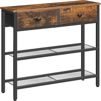 29.5" Narrow Console Table with 2 Fabric Drawers, Sofa Table, Small Entryway Table with 3-Tier Storage Shelves, behind Couch Table, for Living Room, Hallway, Rustic Brown and Black BF72XG011