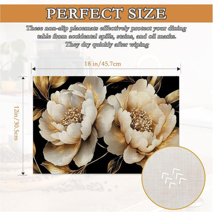 White Flowers Placemats Set of 6,Glitter Blooming Washable Dining Table Mats for Kitchen Party Decorative Linen Table Mats 12 X 18 Inches2