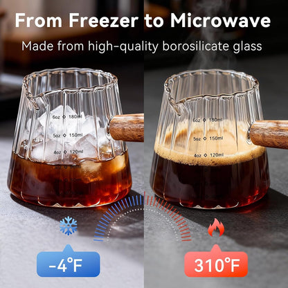 Glass Measuring Cup 6OZ, Espresso Accessories, Expresso Shots Cup, Espresso Shot Glass with V-Shaped Mouth, Ribbed Milk Frothing Pitcher, Coffee Espresso Cup(Wooden Handle)5
